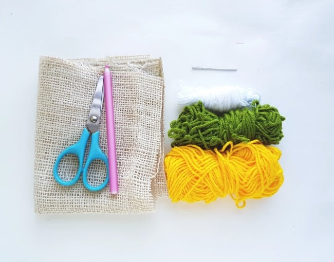 Easy Cross Stitch Pattern - burlap fabric, scissors, needle and yarn
