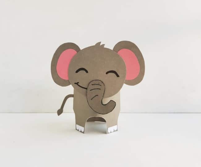 Cute elephant craft - completed project of paper craft elephant smiling, with body and tail