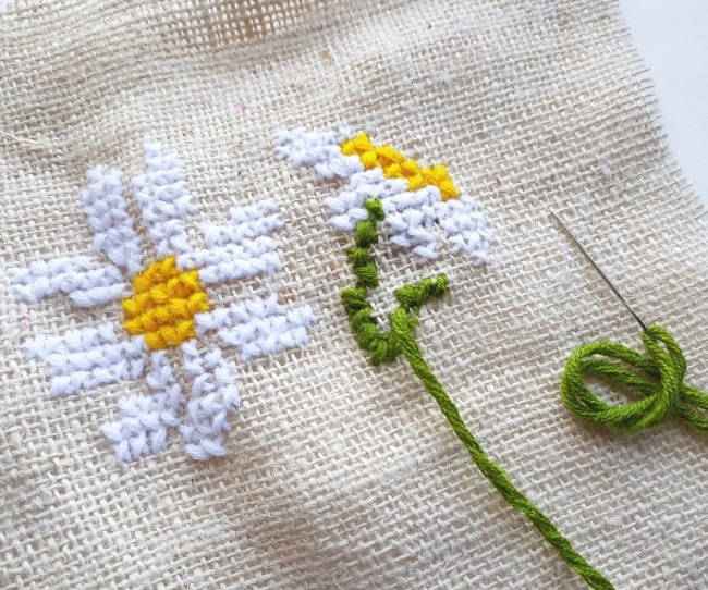 Easy Cross Stitch Pattern - green yarn stitching the stem and leaf