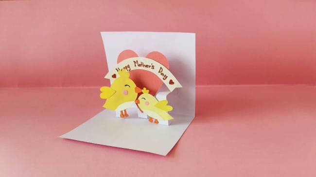 Mother's Day Cards - cute pop-up card with mother and baby bird and message on a heart