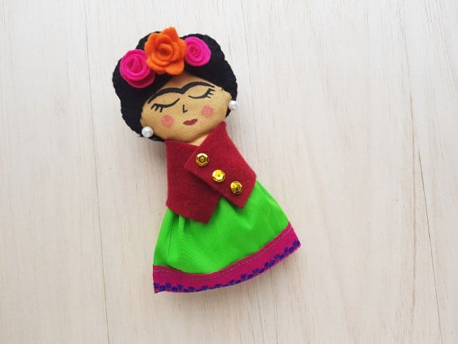 Frida Kahlo rag doll sewing project - complete rag doll with clothes and jewelry