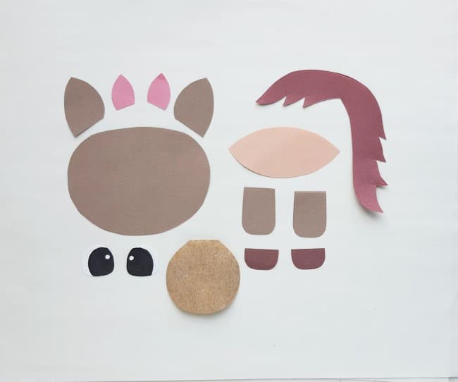 paper bag horse puppet - pieces cut out from template