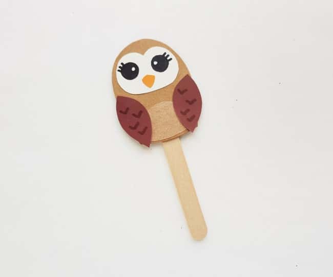 owl papercraft puppet - popsicle stick glued to puppet