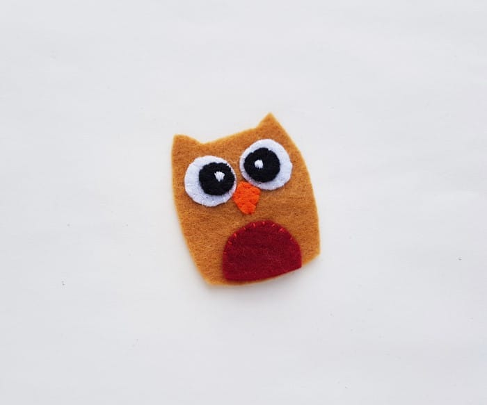 owl plush - front piece of owl sewn on