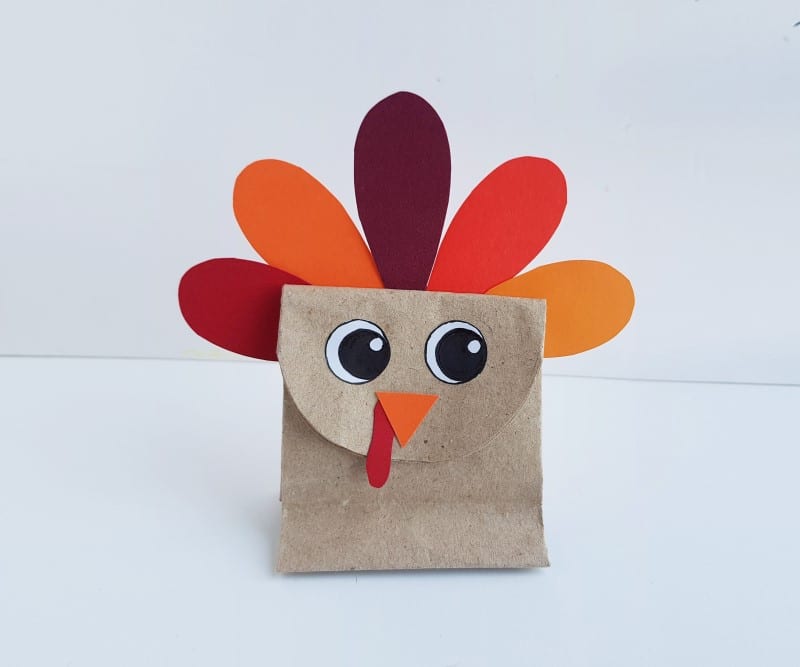 paper bag turkey - feathered cut outs glued to back of paper bag
