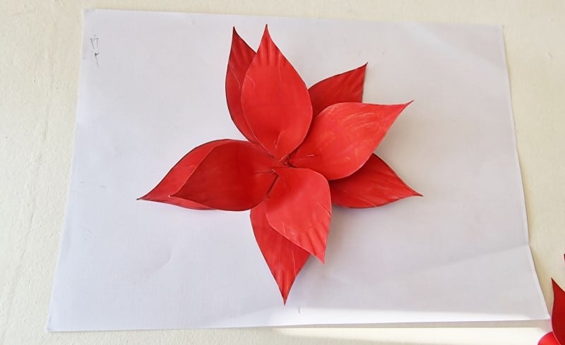 more red leaves glued onto red plate